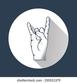 Human hand in rock n roll sign with long shadow vector illustration.