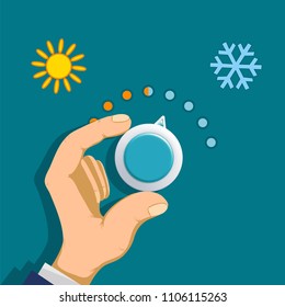 Human hand rotates the thermostat. Climate control regulator. Switch toggle hot and cold temperatures. Stock vector illustration.