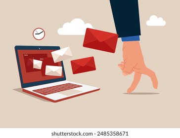 Human hand run away from overload flying mail letter from computer laptop. Email overload too many junk mails that reduce efficiency and productivity in work. Flat vector illustration