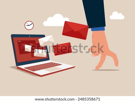 Human hand run away from overload flying mail letter from computer laptop. Email overload too many junk mails that reduce efficiency and productivity in work. Flat vector illustration
