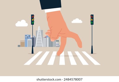 Human hand running by Crosswalk with Zebra Markup. Crossing Road. Flat vector illustration.