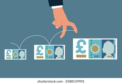 Human hand running on pound sterling banknotes arranged in a row. Extensive financial or economic growth. Profit from the stock market or investment. Flat vector illustration.
