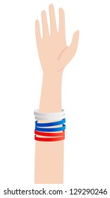 Human hand with Russian flag rubber wristbands.