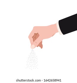 Human hand salting, salts, spice. Cooking gesture sprinkle vector isolated cartoon style illustration