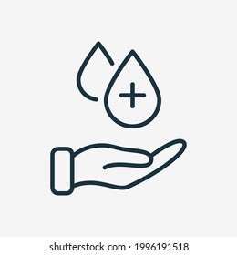 Mano humana con gota líquida de Sanitizer. Icono de línea de procedimiento de higiene. Lavado de manos. Gota de Sanitizer y de Gel Alcohólico Antiséptico. Concepto de prevención. Trazo editable. Ilustración vectorial.