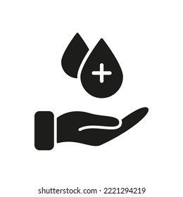 Mano humana con gota líquida de Sanitizer. Icono de silueta de procedimiento de higiene. Lavado de manos. Gota de Sanitizer y Antiséptico Gel Negro Simbol de Alcohol. Concepto de prevención. Ilustración de vectores aislados.