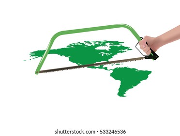 human hand with saw that tries to separate the American continent