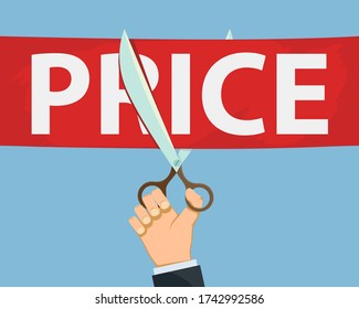 Human hand with scissors cuts a red ribbon with the word price. Vector illustration