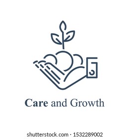 Human hand and scoop of earth with plant, care and growth, protection and support concept, vector line icon