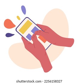 Human hand scrolling smartphone screen. Hands holding cell phone, mobile phone in hands flat vector illustration on white background