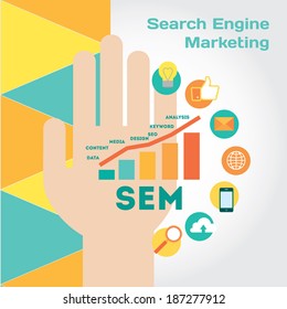 Human hand with search engine marketing elements icon set. Vector modern illustration with stylish background