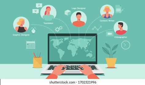 human hand searching and hiring freelancers on laptop computer from around the world, remote working online, work from home and work from anywhere concept, flat vector illustration