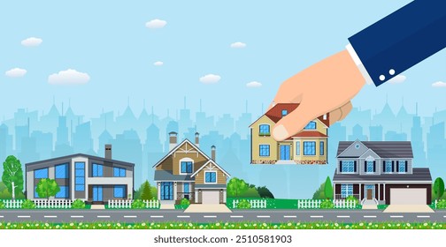 Human hand select to holding a right house. Property For Sale, Real estate. Vector illustration in flat style