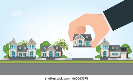 Human Hand Select To Holding A Right House. Property For Sale, Real Estate, Conceptual Vector Illustration.