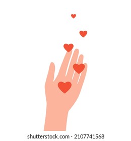 Human hand sends heart love, congratulate, support, good feedback, thanks. Woman hands give hearts like. Concept of charity, donation, help. Hands gesture share your love. Vector