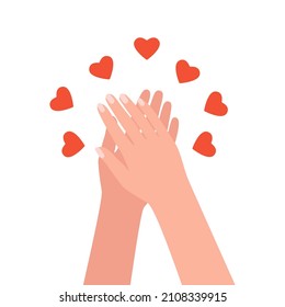 Human hand sends heart love, congratulate, support, good feedback, thanks. Woman hands give hearts like. Concept of charity, donation, help. Hands gesture share your love. Vector