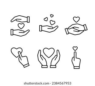 Human hand sends heart love, congratulate, support, good feedback, thanks, line icon set. Hand give heart like. Concept of charity, donation, help. Hands gesture share your love. Vector illustration