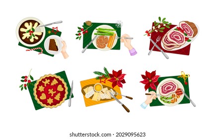 Human Hand and Served Pie and Meat on Plate as Traditional Christmas Eve Dish and Dessert Above View Vector Set