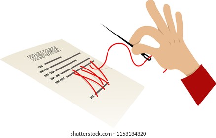 Human hand with a sewing needle attempting to sew shut a gap in a resume, EPS 8 vector illustration