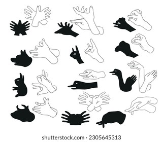 Human hand shadow animal black silhouette line monochrome set vector illustration. Arms gesture imagination theatrical symbol and people finger figures puppet body language gesturing different shape