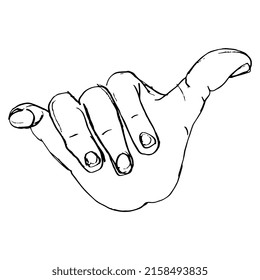 Human Hand In Shaka Sign Or Hang Loose Gesture. Call Me Symbol.  Hawaiian Surfer Greeting. Hand Drawn Linear Doodle Rough Sketch. 
Black Silhouette On White Background.