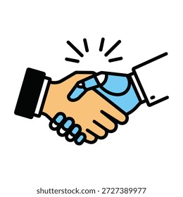 Mano humana que sacude la mano del aire androide. Asociación entre el hombre y la máquina. Icono de mano de tono de piel y brazo robótico azul.