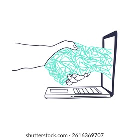 Human Hand Shaking With Digital Hand Line Art Cartoon Vector Illustration Design