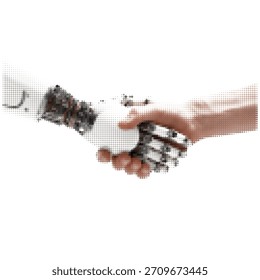 Die menschliche Hand schüttelt eine Roboterhand im Halbtonstil, symbolisiert Technologie, Innovation, Partnerschaft und die Verbindung zwischen Menschen und künstlicher Intelligenz.