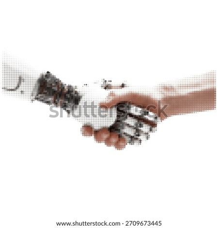 Human hand shaking a robotic hand in a halftone dotted style, symbolizing technology, innovation, partnership and the connection between people and artificial intelligence.