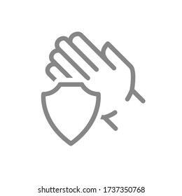 Human hand with shield line icon. Treatment, hand disinfection, hygiene symbol