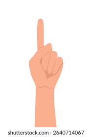 Human hand showing number one with index finger or making pointing gesture, isolated on white background. Flat vector illustration