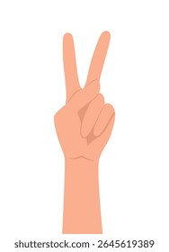 Mão humana mostrando número dois ou sinal de vitória com dedos isolados no fundo branco. Ilustração de vetor plano