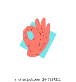 Human hand showing ok okay all right approval gesture icon vector flat illustration. Cartoon male arm gesturing excellent fine good positive success signal with connected index and thumb finger