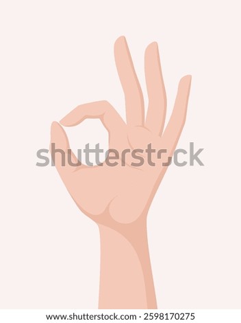 Human hand showing okay gesture on beige background, flat vector illustration