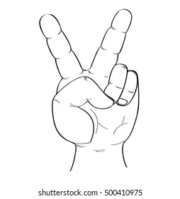 Human hand showing peace sign. Sketch illustration of caucasian human hand with two raised fingers to "V" sign as a symbol of victory or peace isolated on white background.