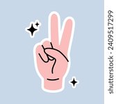 Human hand showing peace, victory gesture. Peace hand gesture sign. Peace love sticker concept. Vintage styled vector illustration. Doodle style