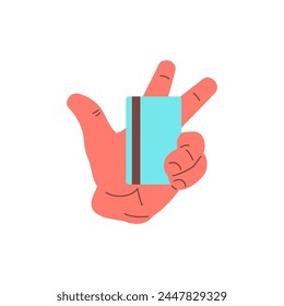 Human hand showing plastic banking credit debit card icon vector flat illustration. Cartoon male arm holding digital e money shopping payment contactless cashless financial commercial transaction