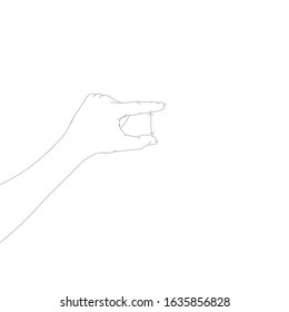 Human hand in a showing size gesture with arrow. Hand drawn linear sketch. Black silhouette on white background.