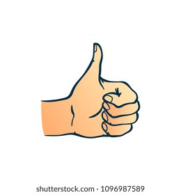 Human hand showing thumbs up gesture in sketch style isolated on white background - hand drawn colorful vector illustration of wrist with ok and like sign for success concept.