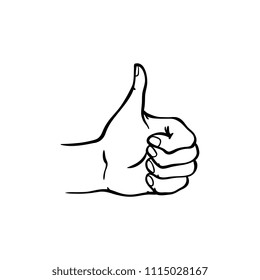 Die menschliche Hand, die Daumen nach oben zeigt Geste im Skizzenstil einzeln auf weißem Hintergrund - handgezeichnete schwarz-weiße Vektorgrafik des Handgelenks mit ok und wie Zeichen für das Erfolgskonzept.