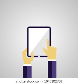 Human hand showing  touchscreen  teblet on white background.Tablet illustration.