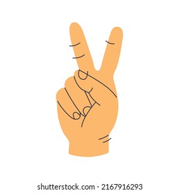 Human hand showing two fingers up. Victory or peace sign. Gestures concept. Hand drawn color vector illustration isolated on white background. Modern flat cartoon style.