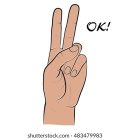 Human hand, showing two fingers sight, fingers showing symbol of peace. Vector isolated sketch style, hand drawn illustration. Peace, victory icon