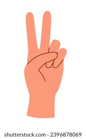 A human hand showing a victory sign in a flat style isolated on white