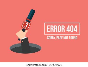 Human hand shows from hole a message about Page not found Error 404.