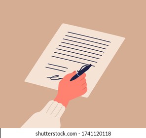Human hand signing notary document holding pen vector flat illustration. Cartoon person arm confirm official paper page writing signature isolated. Verification of agreement sheet