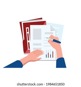 Human hand signing notary document holding pen vector flat illustration. icons person arm confirm official paper page writing signature. Contract agreement flat business illustration vector