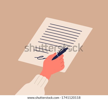 Human hand signing notary document holding pen vector flat illustration. Cartoon person arm confirm official paper page writing signature isolated. Verification of agreement sheet