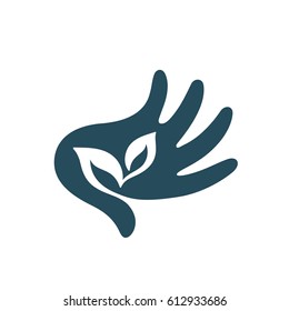 Human hand silhouette and leaves, ecology design, vector icon.