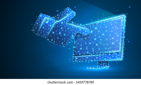 Human hand silhouette pointing on a computer monitor. Touchscreen, finger click concept. Abstract, digital, wireframe, low poly mesh, vector blue neon 3d illustration. Line dot